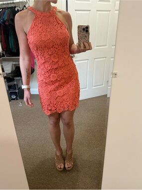 Lulus Love Poem Formal Coral Orange Lace Mini Dress, Medium